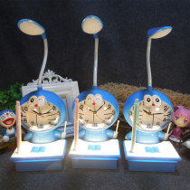 Cartoon blue fat robot cat learning small table lamp LED charging USB children students bedside night light with alarm clock