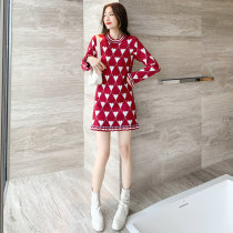 FENING MAJE 2020 autumn and winter Korean version of round neck red love long sleeve sweater skirt knitted floral skirt women