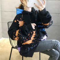 FENING MAJE Korean version of the sweater womens splashing ink printing 2020 New loose hooded autumn and winter thickened Velvet