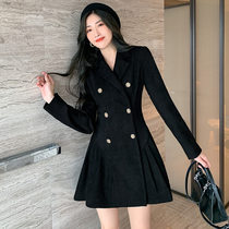 FENING MAJE 2020 Autumn Winter Black Slim Dress Lapel Double-breasted Deerskin Dress Women