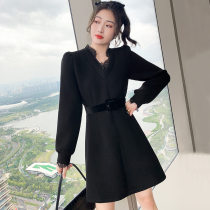 FENING MAJE 2020 Autumn Winter V-neck Lace Splice Air Cotton A Short Skirt Solid Color Lace Dress