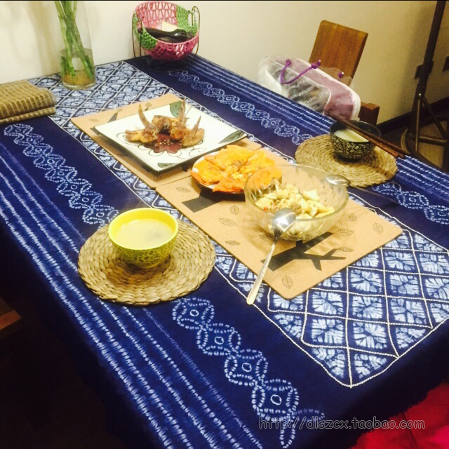 云南大理纯手工白族扎染茶几桌餐台桌布蓝苍山洱海条纹花茶几桌布