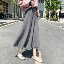 Knitted skirt autumn and winter with sweater 2022 new small tall waist thin lace edge A-line woolen long skirt