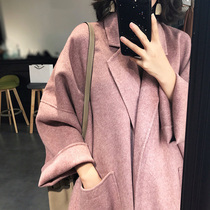 2021 new Hepburn style temperament double-sided cashmere coat womens loose mid-length pink woolen coat autumn and winter
