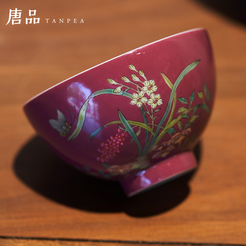 Colored enamel carmine flowers personal Lord kung fu tea cup of jingdezhen ceramic cups butterfly orchid single CPU