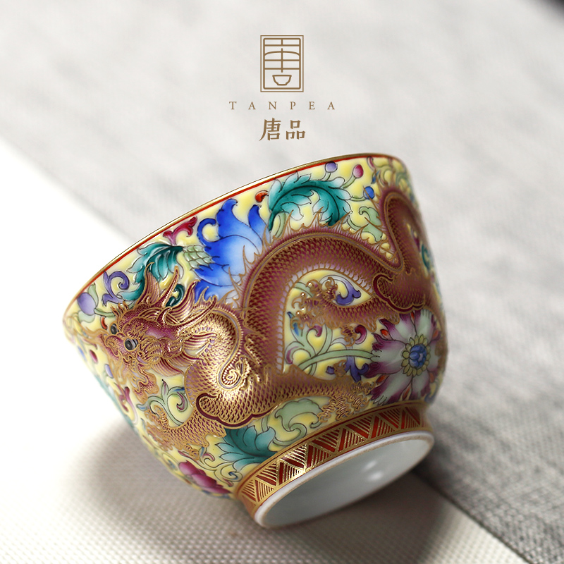 Colored enamel longfeng grain manual paint sample tea cup jingdezhen ceramic cups master individual cup for cup wedding gifts