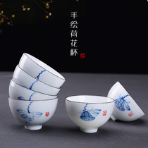 Hand painted lotus small fish tea cup Six Kung Fu tea set Ceramic blue and white painted tea cup Individual cup gift box