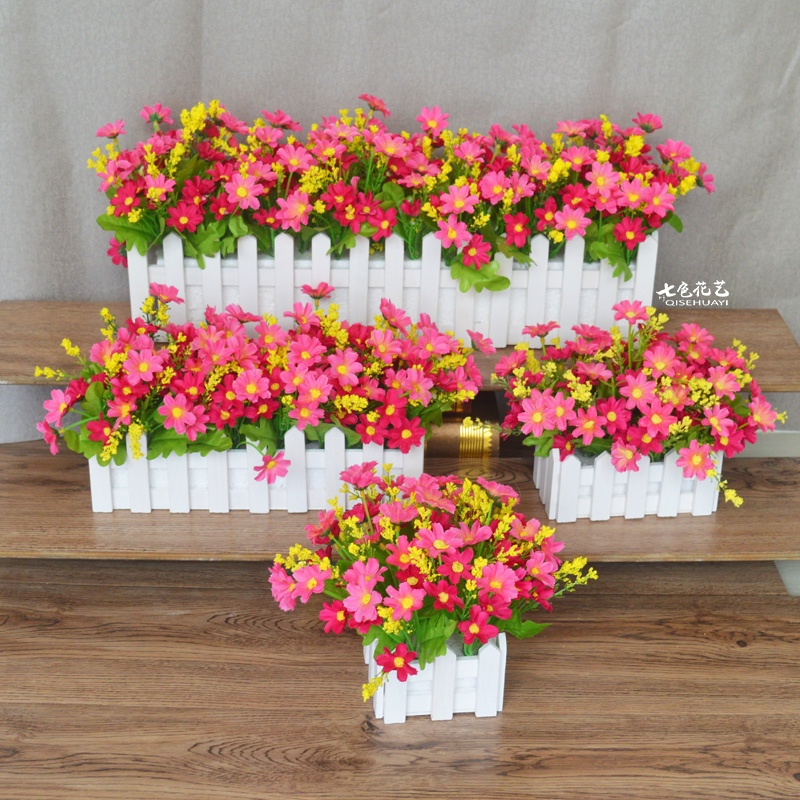 假花盆栽摆件栅栏花盆仿真花套装客厅节日室内装饰品花卉塑料花艺_7折