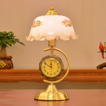 Yu Lei European-style retro bedroom bedside all copper table lamp American warm with clock dimmable study table lamp creative