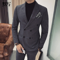 Silent suit suit Mens double breasted casual suit Mens suit British style solid color business suit Three-piece suit Men