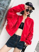 Red embroidered bright short coat women 2021 Spring and Autumn New Korean version of loose short baseball jacket ins tide