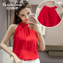 Red hanging neck chiffon sling coat women in summer with sexy temperament covering belly sleeveless strapless base shirt