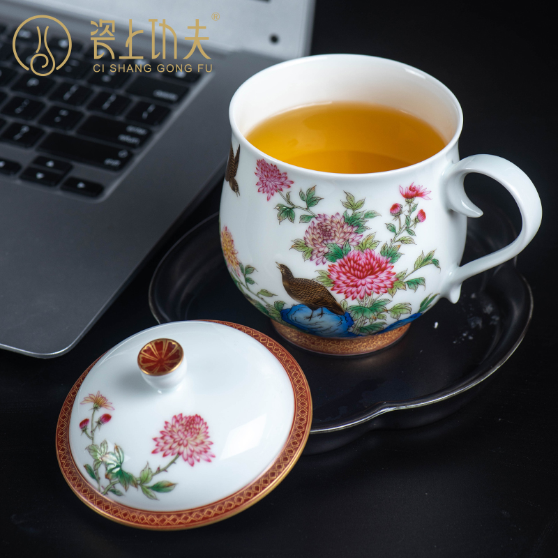 Ceramic colored enamel paint hand - made flowers and birds with cover tea cup tea service office cup home getting high - end gift cups