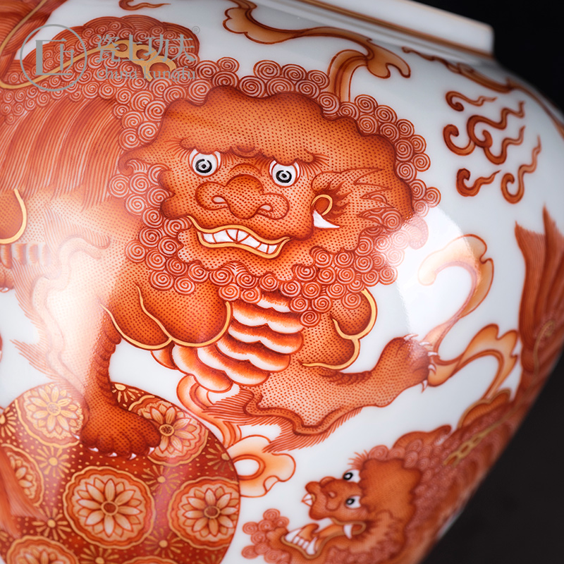 Kung fu alum red see lions on the porcelain ball trumpet tea collection storehouse ceramics handicraft tea caddy fixings orphan works