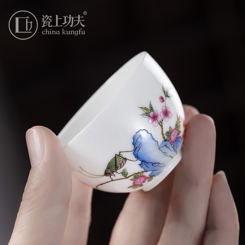 Kung fu tea set on the porcelain ceramic single cup sample tea cup small hand hand draw flowers and birds master cup personal cup