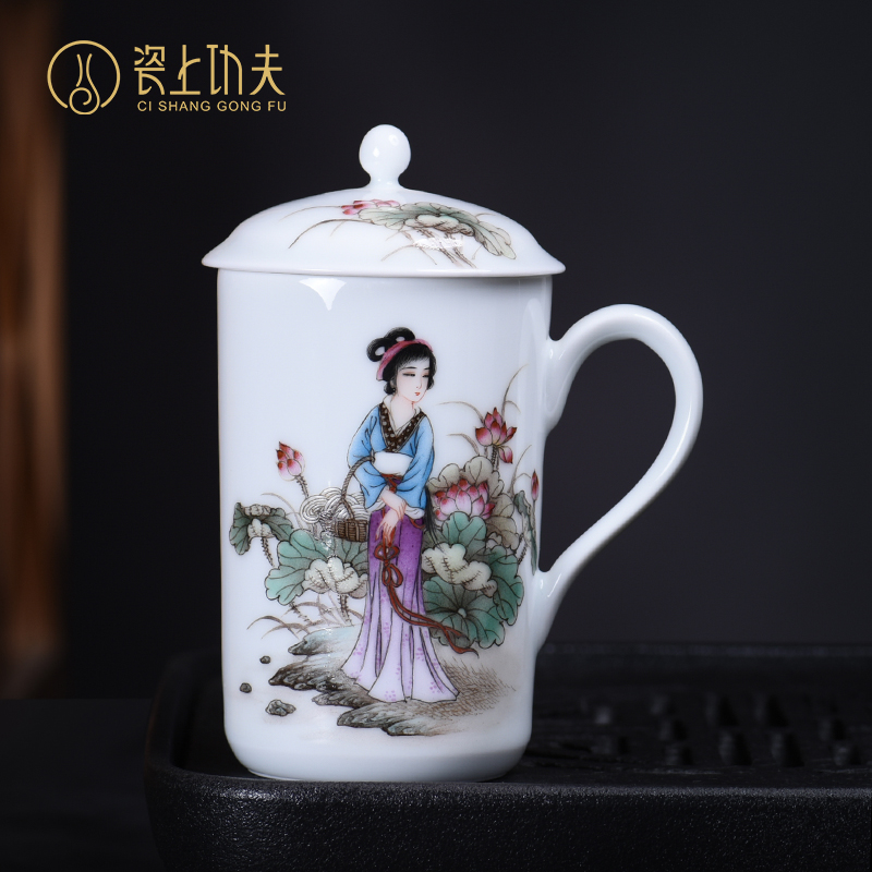 Pastel pure manual hand - made with cover cups with handles the collection business gifts of high - grade jingdezhen ceramic cup