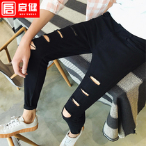 Summer tight nine-pants man thin-paid black casual pants 9-preserved jeans patching jeans