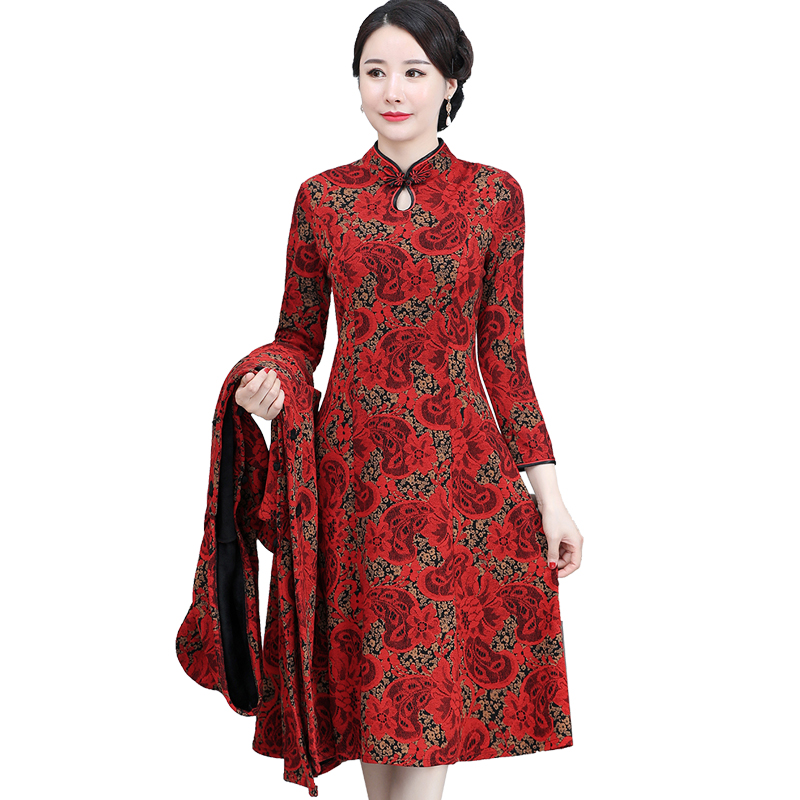 middle-aged women's autumn and winter plus cashmere windbreaker jacket long mom improved version cheongsam dress long-sleeved two-piece
