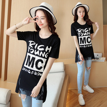 Short-sleeved t-shirt womens printed round neck 2021 new summer Korean edition large size slim slim mid-length lace