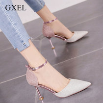 High heels woman 2020 new autumn and Korean version sequin word-band wedding shoes pink fine heel pointed single shoe womens shoes
