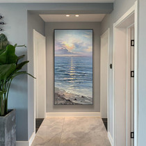 Pure hand-painted oil painting porch background decorative painting modern simple vertical hanging painting Nordic light luxury living room sea view sunrise