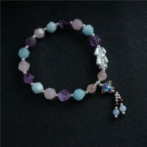 Natural Crystal Amethyst Pink Crystal Prismatic Face Sugar Ball Multi-Treasure Hand Strings Silver Bracelet