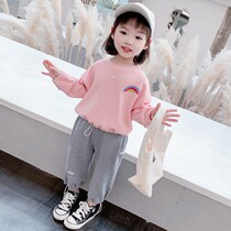 Girls sweater two-piece suit 2021 new autumn childrens foreign style round neck pink Korean loose top sweat pants