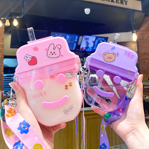 Japanese mini cute water Cup outdoor portable high-value Student female ins wind belt straw plastic hand Cup summer