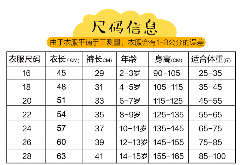 尺码信息由于衣服平铺手工测量,衣服会有1-3公分的误差衣服尺码衣长(cM裤长cM)年龄身高cM适合体重)1645292-3岁90-10525-351848314-5岁105-11535-452051336-7岁115-12545-552254358-9岁125-13555-6524573710-11岁135-14565-7526603912-13岁145-15575-8528634114-15岁155-16585-100-推好价 | 品质生活 精选好价