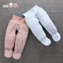 Newborn baby cotton thick bag foot autumn winter pants 0-3 months male and female baby open crotch high waist belly wear