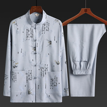 Tang suit mens middle-aged and elderly fathers spring and summer suit mens grandfather cotton and linen Chinese style long-sleeved Chinese suit Hanfu