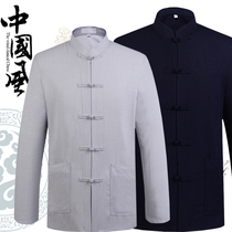 Spring and summer mens cotton and linen Tang suit long-sleeved shirt Middle-aged and elderly tunic lay suit dad suit Chinese style new style