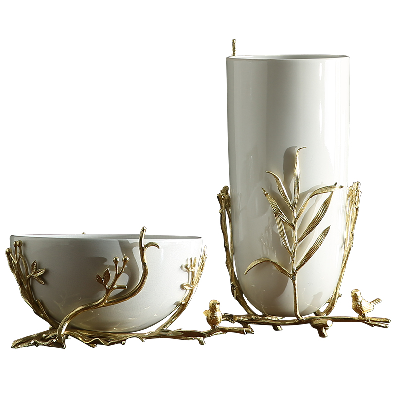 Modern light key-2 luxury soft outfit ceramic flower arranging flowers with white large copper vase mesa creative branches bird vase