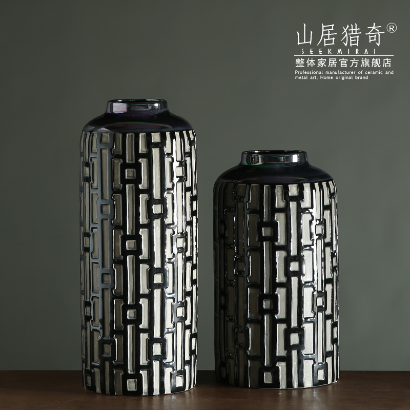 Modern new Chinese style, black white ceramic art big vase sitting room adornment study ancient window straight bottle