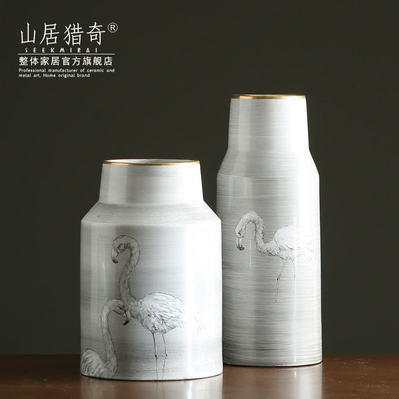 Nordic ins grey wiredrawing hand - made flamingos ceramic vases, large flower arrangement home home furnishing articles