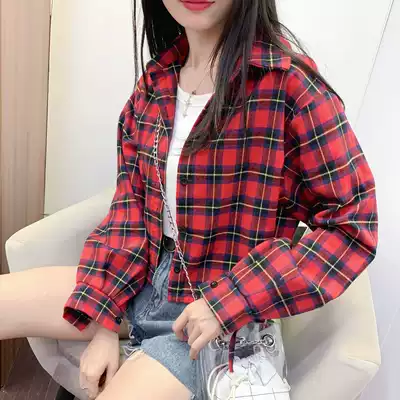 Spring and Autumn New Women's Korean chic Drawstring Long Sleeve Plaid Shirt Jacket Simple Joker Short Edition Carriage Jacket