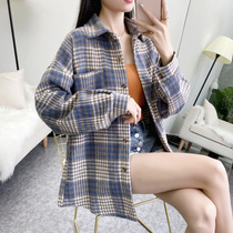 Autumn and winter New Korean Plaid thickened woolen shirt womens long sleeve Joker shirt college style medium long coat top