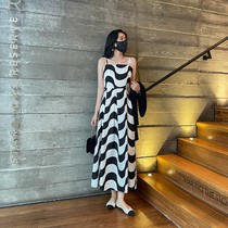 Black and white striped suspender dress outer sweater set 2021 summer and autumn French simple two-piece dress