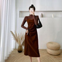 Autumn and winter New Korean slim slim velvet suspender dress 2021 fashion sexy split two-piece female