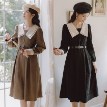 Autumn and winter literary corduroy waist dress 2021 French Hepburn style commuter temperament long skirt women