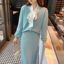 Autumn and winter gentle wind V neck knitted cardigan small split skirt 2021 New Korean two-piece suit