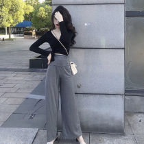 Autumn suit New High cold Imperial sister wind high waist wide leg pants set Fashion Net Red Yang Qi age age small two-piece set