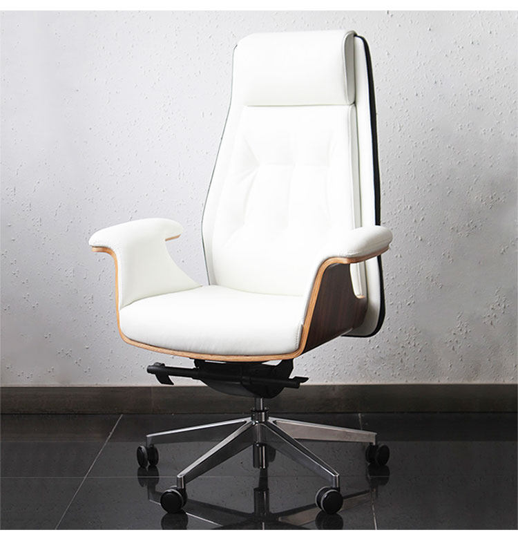 北欧白色真皮女老板椅曲木底大班椅总裁椅升降转椅办公电脑椅_7折现价