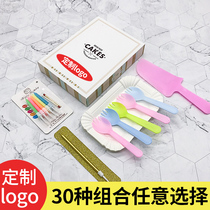 Custom logo cake tableware set cake knife fork set birthday cake knife and fork set candle 50 sets