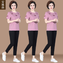 Middle-aged mother summer suit short-sleeved 2021 new middle-aged and old sports suit women's t-shirt top two sets