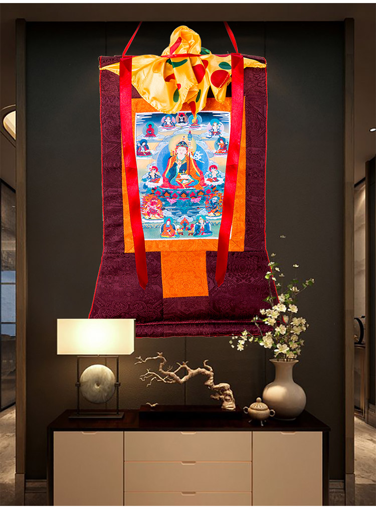 莲花生大士佛像挂画莲花生大士唐卡刺绣布料装裱西藏唐卡装饰挂画