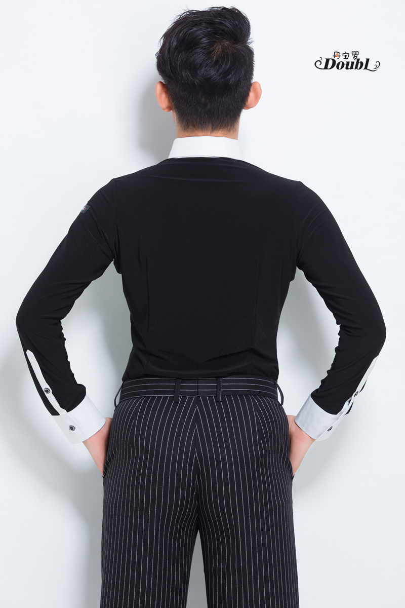 丹宝罗摩登舞上衣成人男长袖国标舞华尔兹交谊舞黑色舞蹈服装衬衫