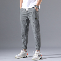 Ice silk casual pants mens summer thin section loose 8 elastic waist soil Youth ultra-thin drawstring feet 9 nine sports pants