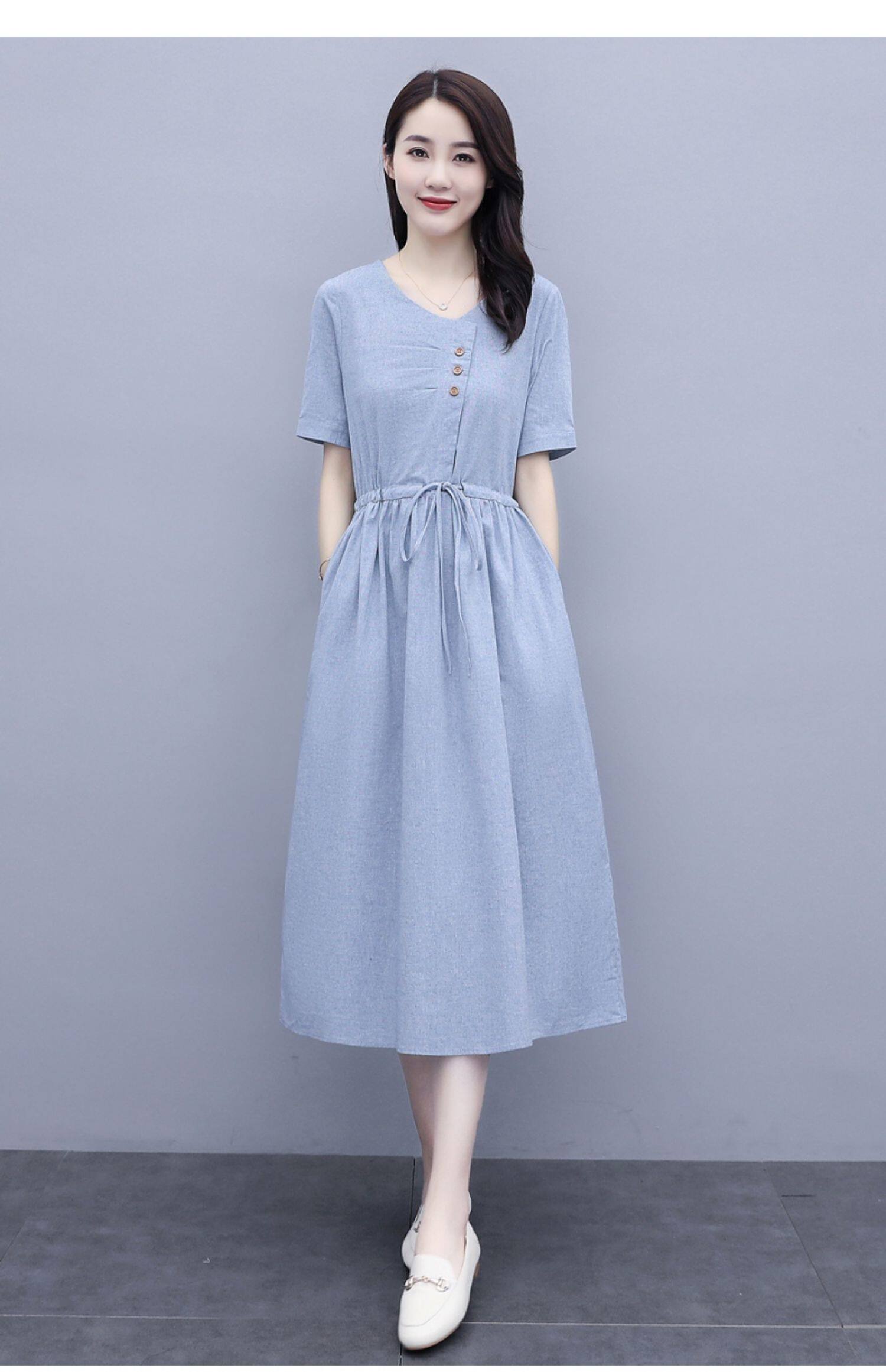 2022夏天新款时尚气质短袖收腰裙子休闲文艺中长款棉麻连衣裙女夏