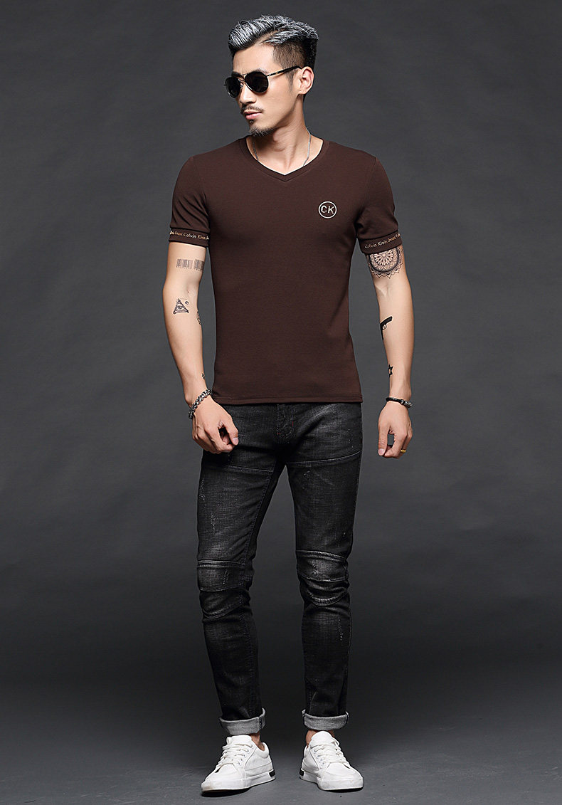 男士秋冬季加绒加厚短袖t恤韩版修身半袖v领大码保暖内衣打底衫潮_7折